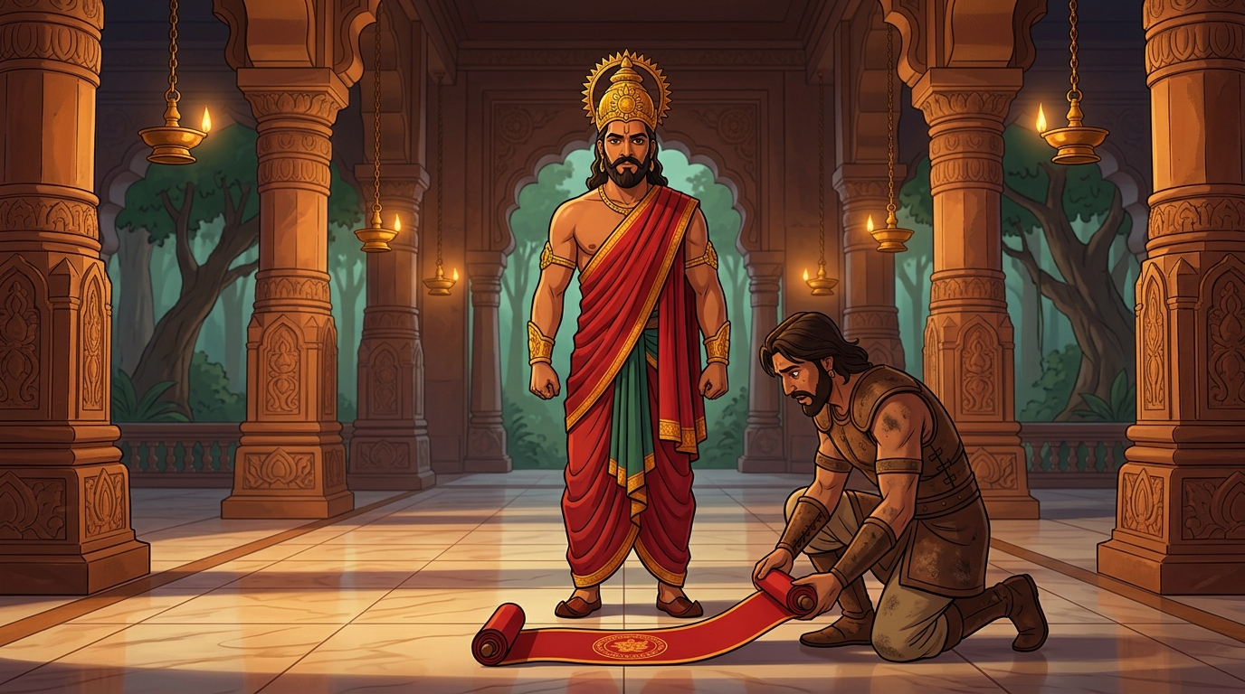 A dust-covered royal scout kneeling before King Rajahamsa unrolling a crimson battle declaration scroll
