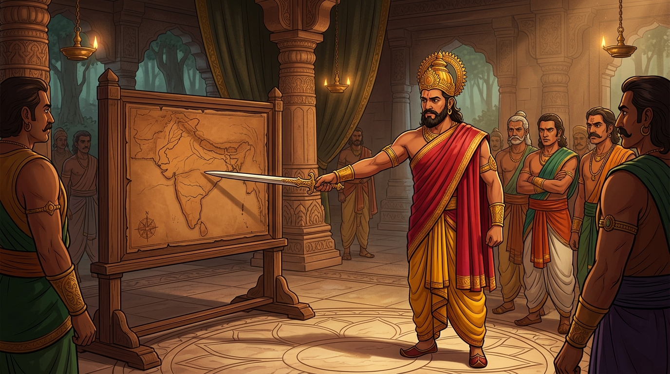 King Rajahamsa standing resolutely before his commanders pointing his sword toward a leather war map