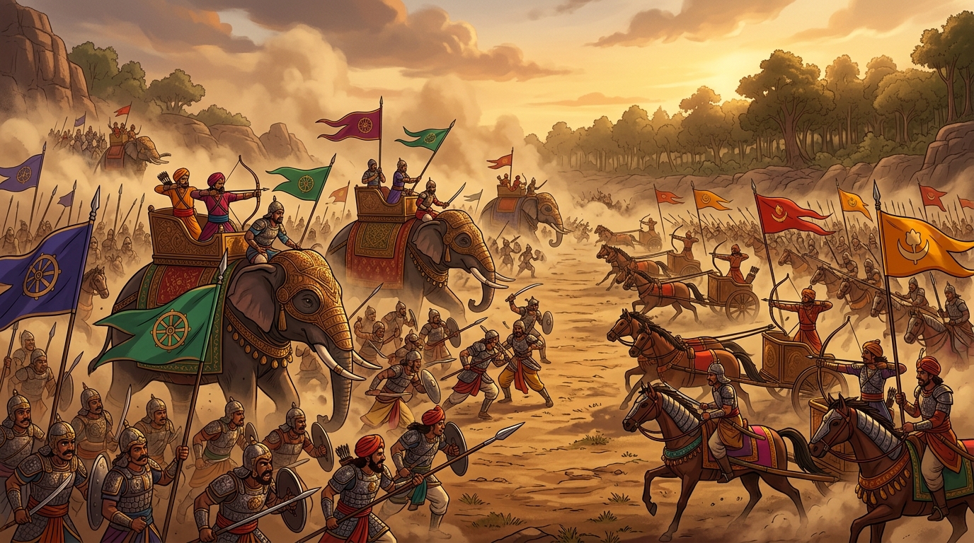 Epic cinematic wide shot of two colossal ancient Indian armies clashing with war elephants and chariots