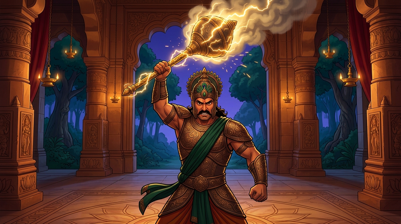 King Manasara raising a glowing celestial iron-and-gold mace radiating divine golden lightning