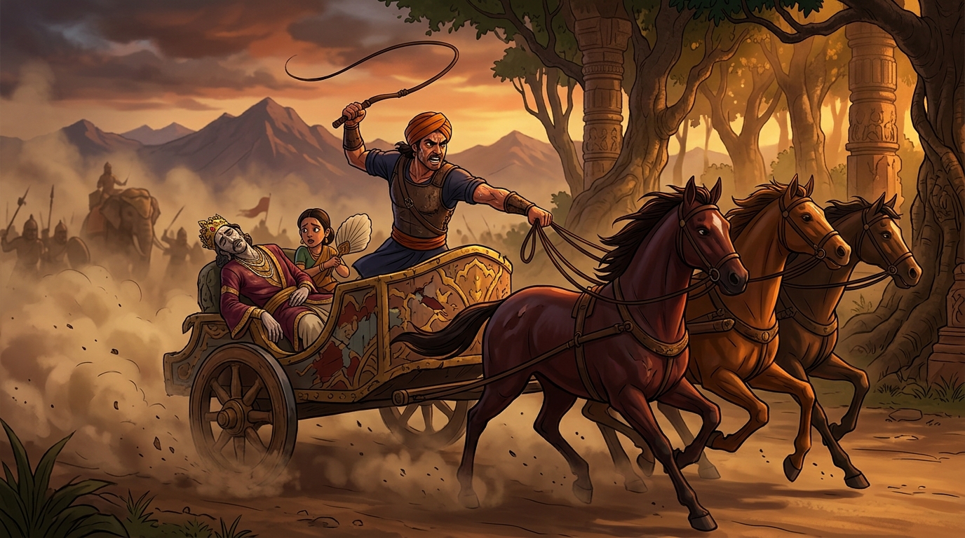 The loyal charioteer fiercely whipping the horses steering the battered chariot away from the battlefield toward distant mountains