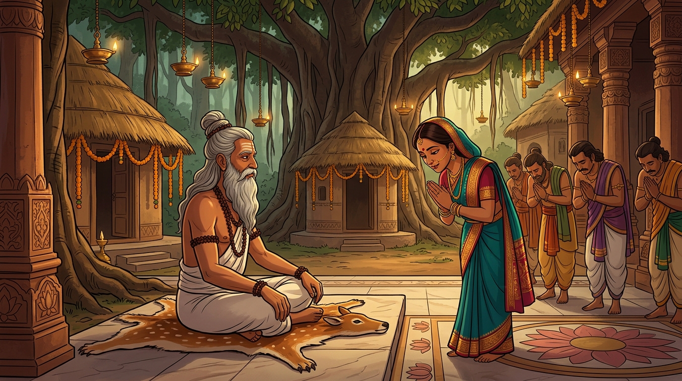 Queen Vasumati and loyal ministers bowing before the venerable Sage Vamadeva seated on a deer skin