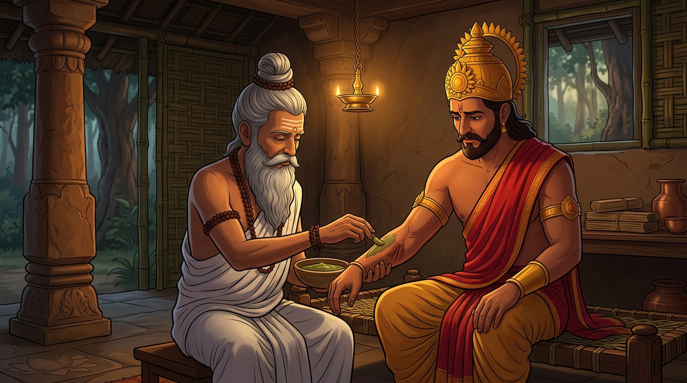 Maharishi Vamadeva applying healing herbal paste to the recovering King Rajahamsa inside the forest hut