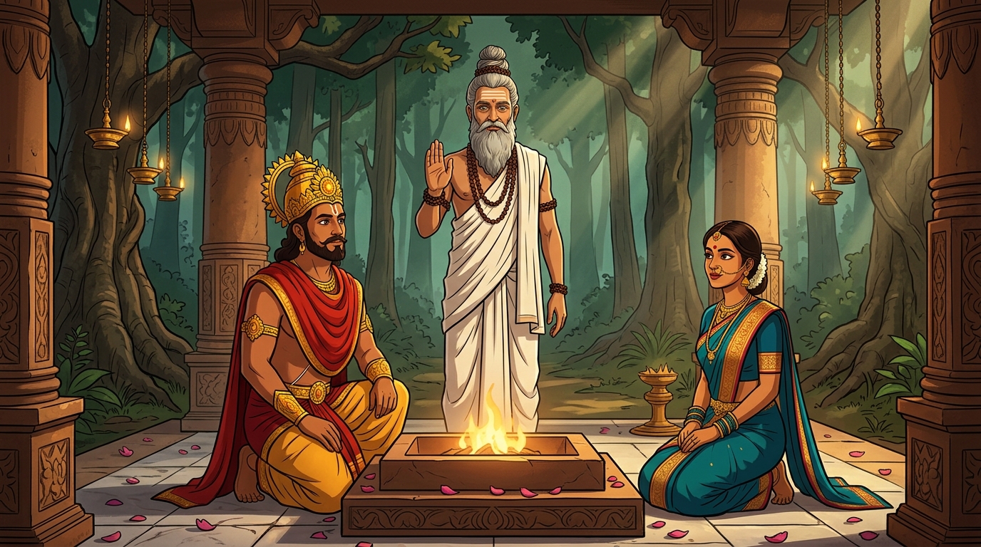Sage Vamadeva raising his hand in divine blessing before the King and Queen in the sacred fire grove
