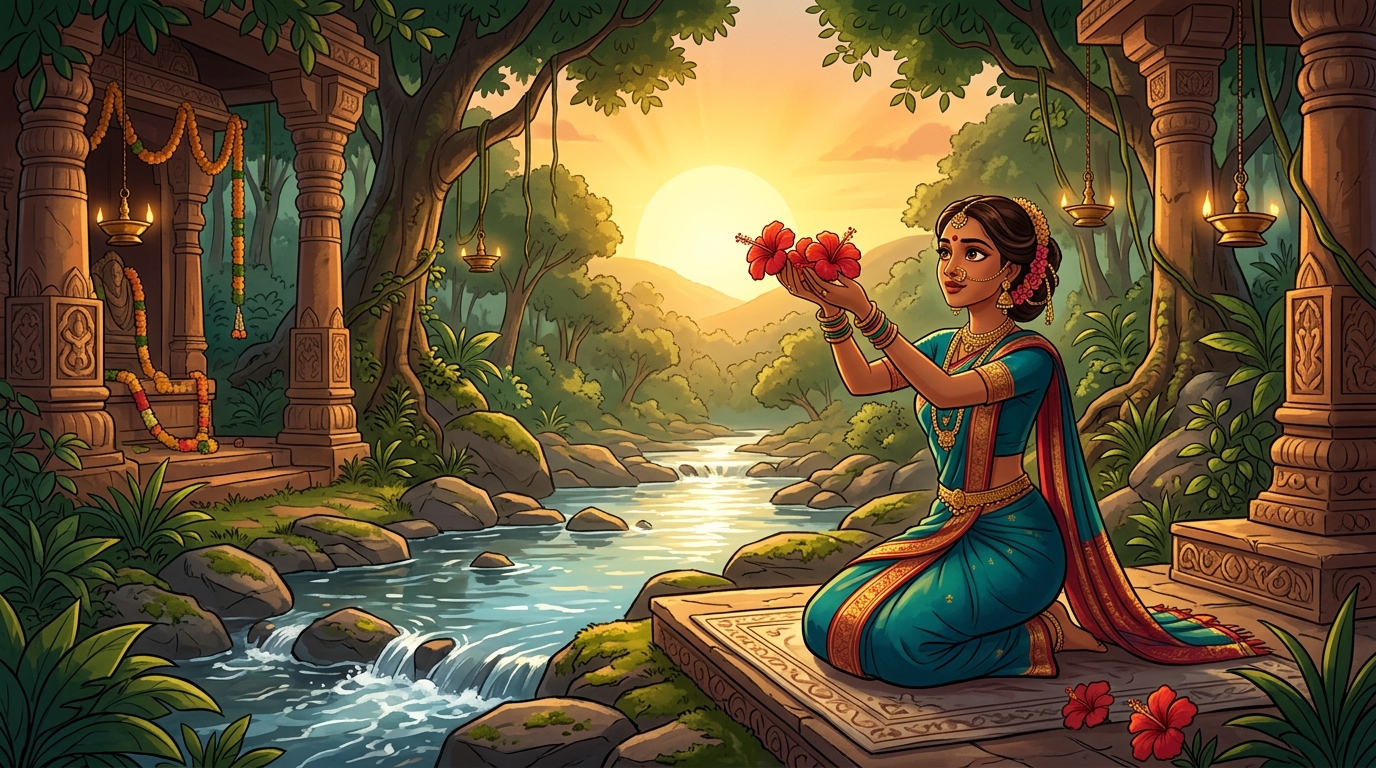 Queen Vasumati praying at dawn beside a crystal mountain stream offering red flowers to the rising sun