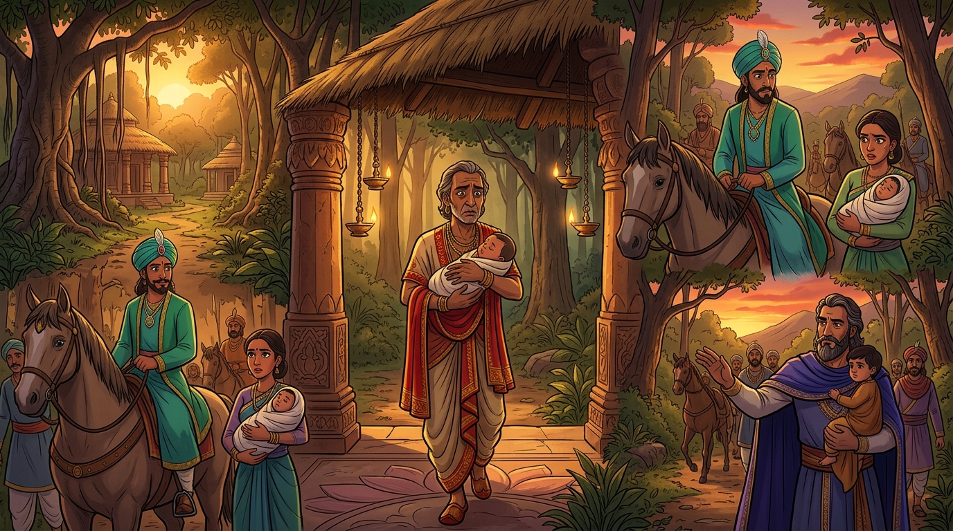 Loyal ministers and allied kings arriving at the ashram carrying newborn infant sons seeking sanctuary