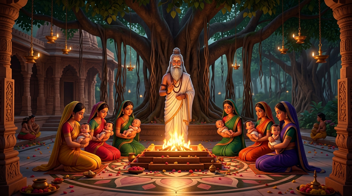 Maharishi Vamadeva performing the sacred naming ceremony before the Vedic fire under the banyan tree