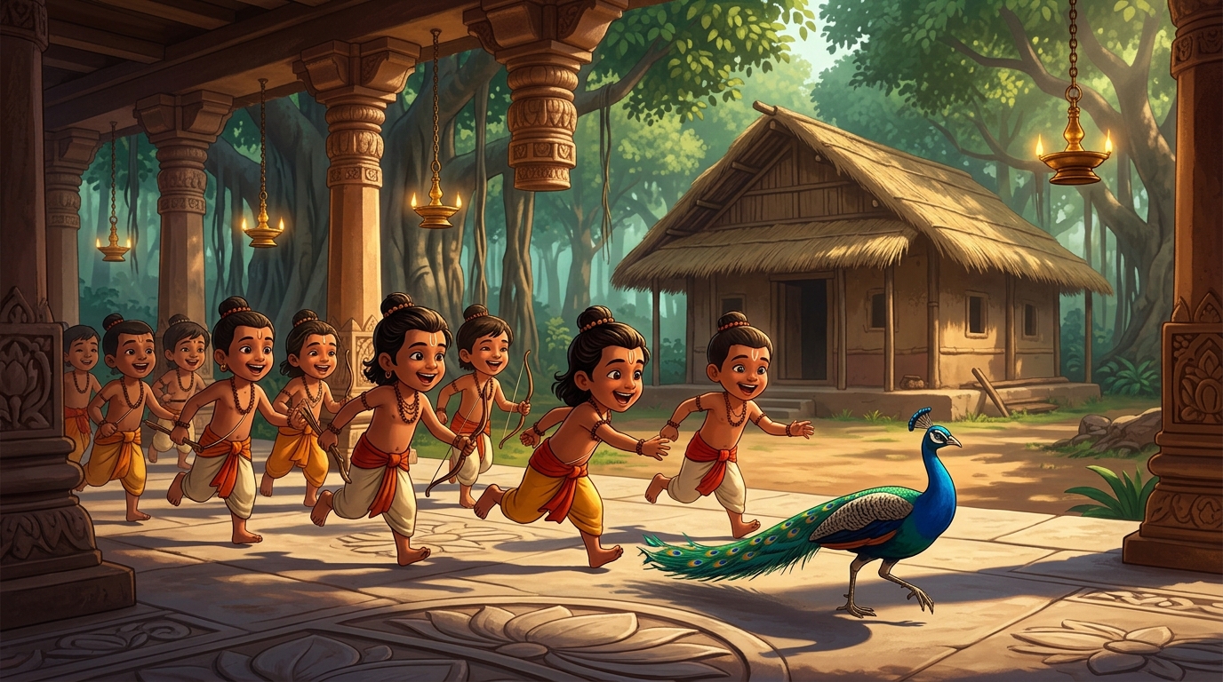 The ten toddler boys playing joyfully together chasing a peacock through the ashram courtyard