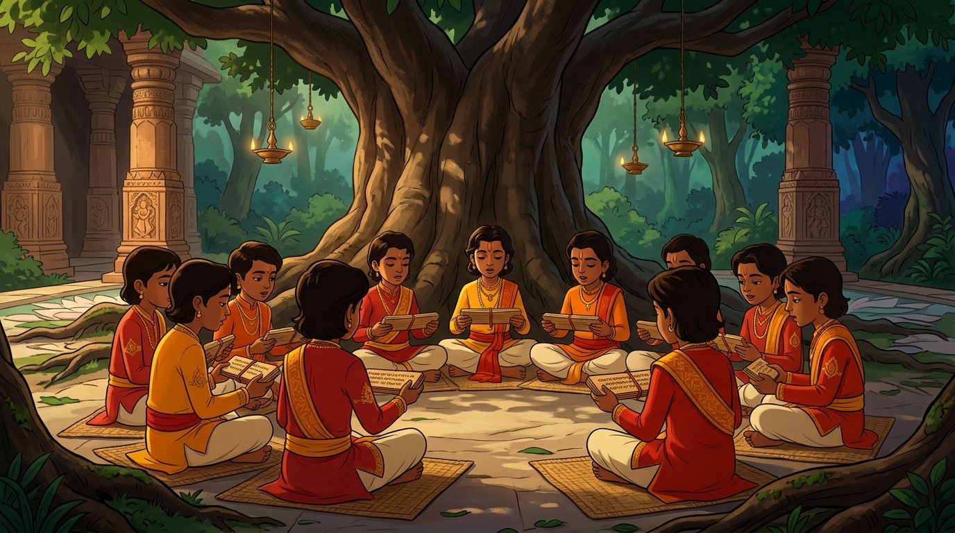 The ten boys as ten-year-olds seated in a circle memorizing Sanskrit verses inscribed on palm-leaf manuscripts
