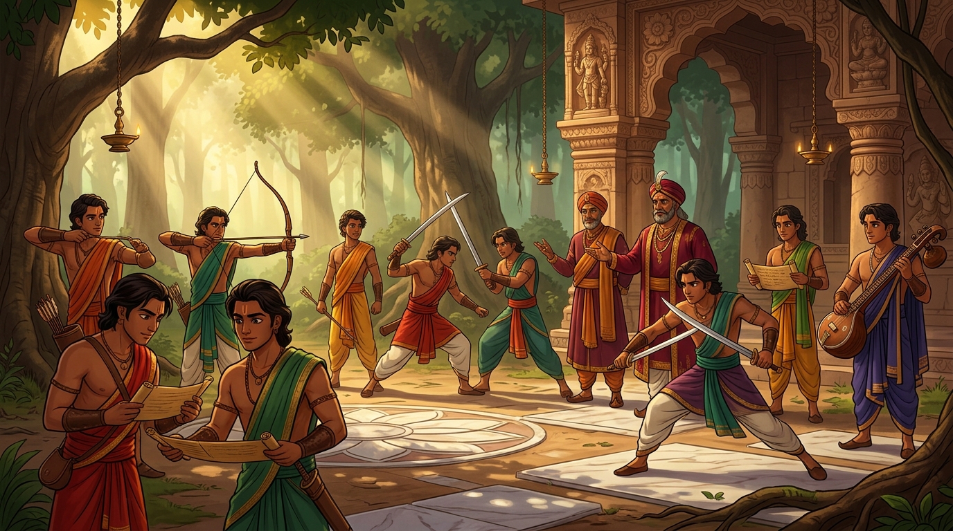 The teenage princes practicing archery and dual sword combat under the watchful eye of King Rajahamsa