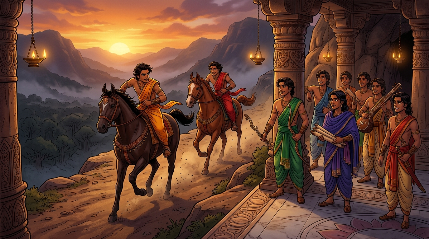 Two princes racing magnificent Marwari steeds across a mountain ridge against the sunset