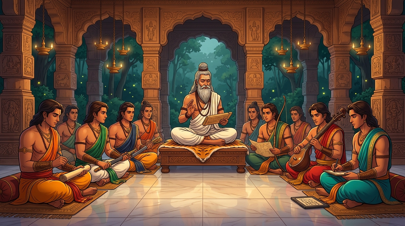 Sage Vamadeva instructing the princes in statecraft, diplomatic espionage, and secret codes
