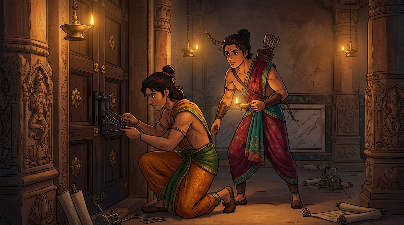 Two princes practicing lockpicking, disarming mechanical traps, and escaping through wooden lattices