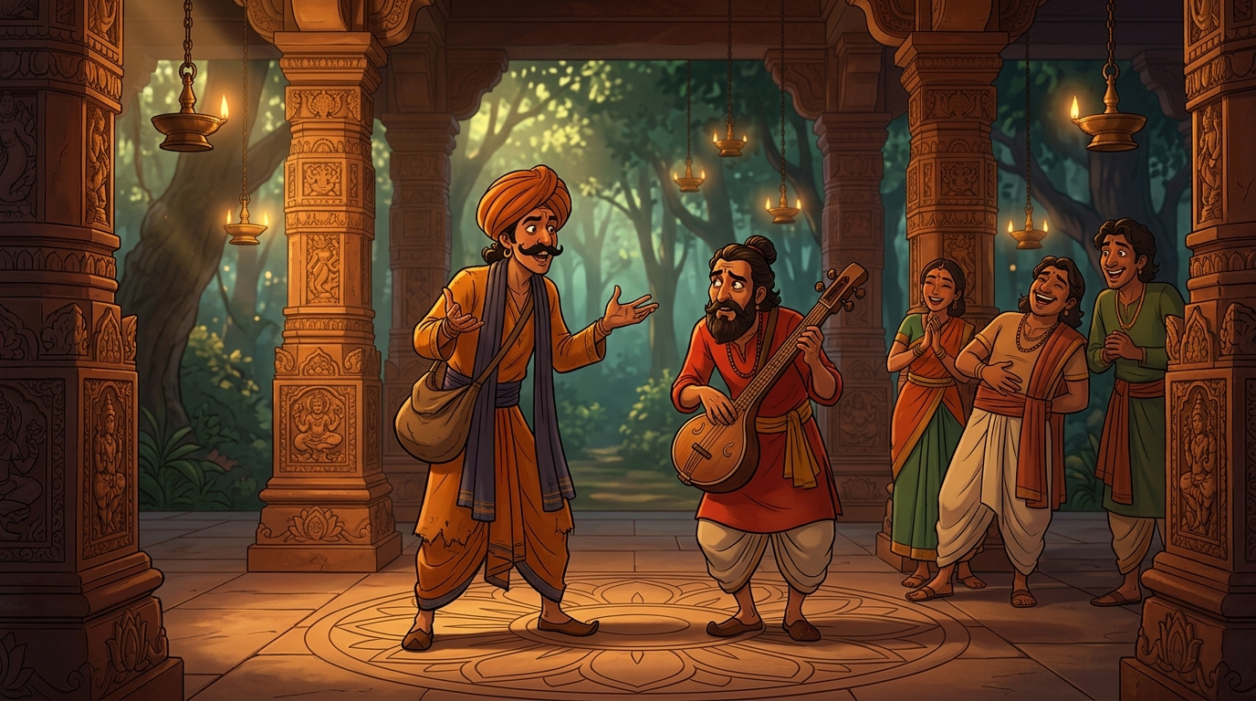 Prince Pushpodbhava and Apaharavarman dressed as wandering merchants and bards practicing disguise