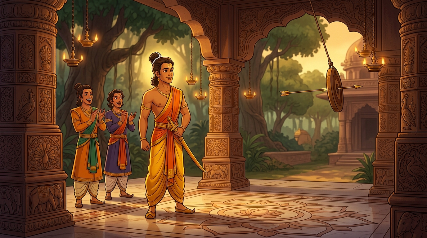 Prince Rajavahana at age 20 effortlessly splitting a distant swinging wooden target with a golden arrow