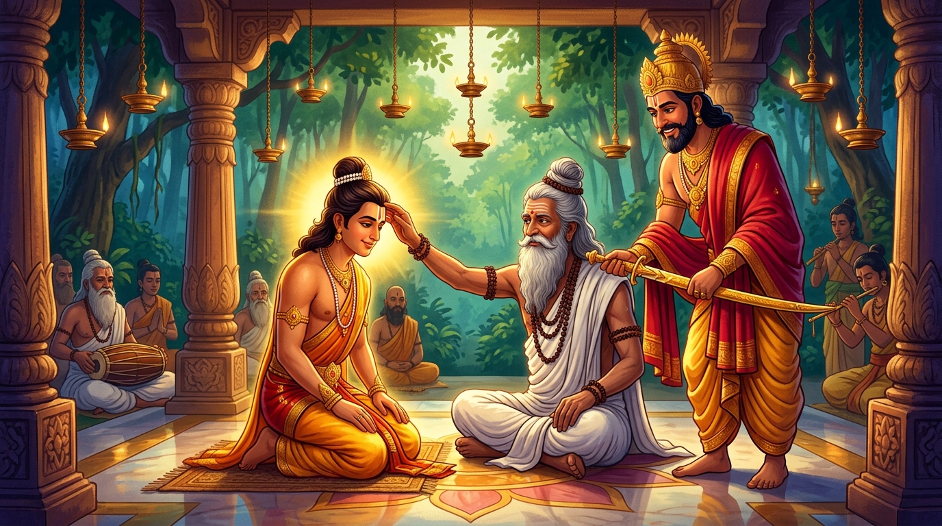 Vedic consecration in the hermitage where Sage Vamadeva and King Rajahamsa anoint Rajavahana with tilak