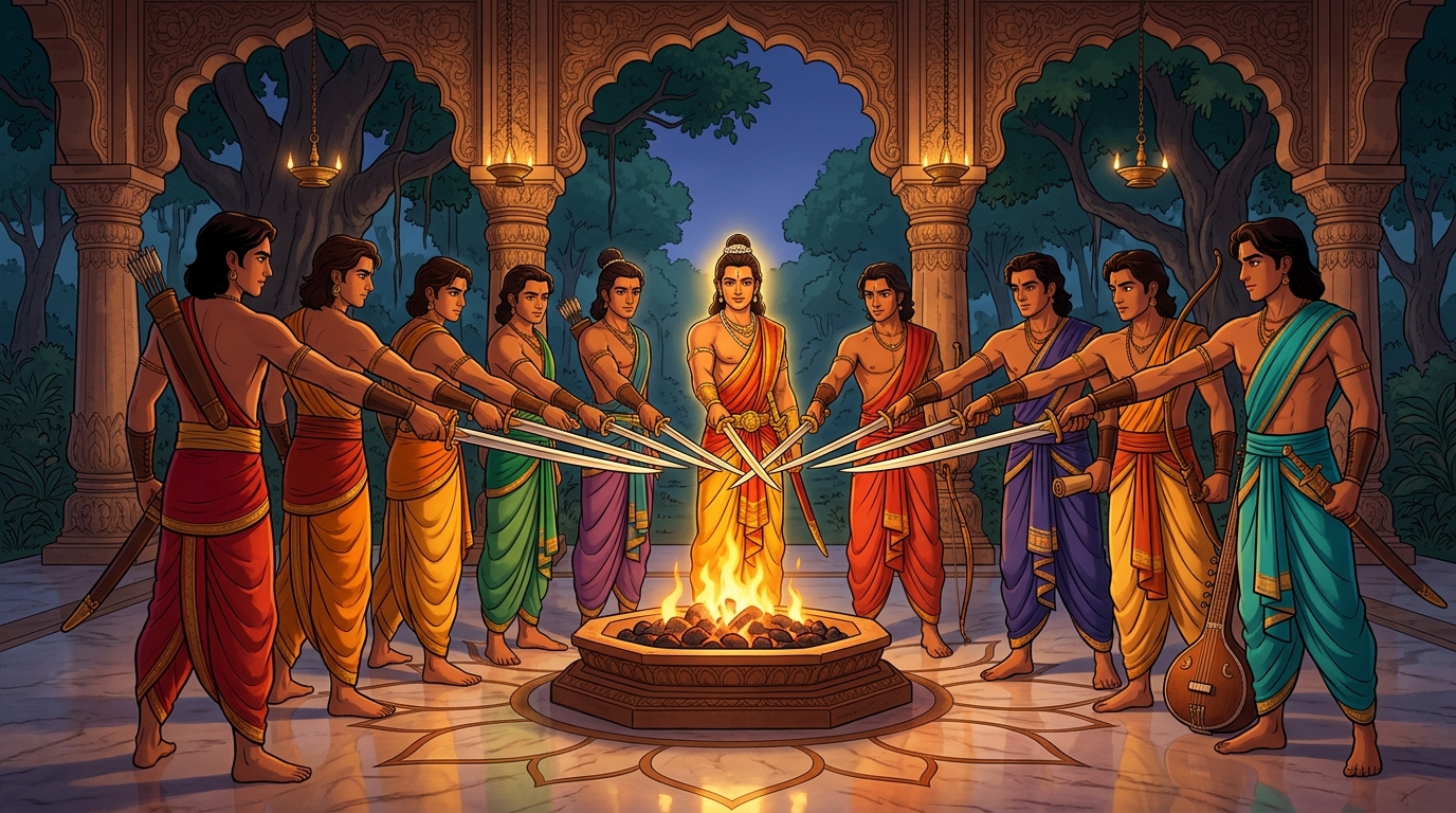All ten princes standing in a circle around the sacred fire crossing their swords in an unbreakable oath