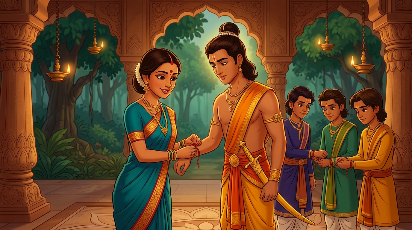 Queen Vasumati tying sacred red threads around the wrists of Rajavahana and the princes