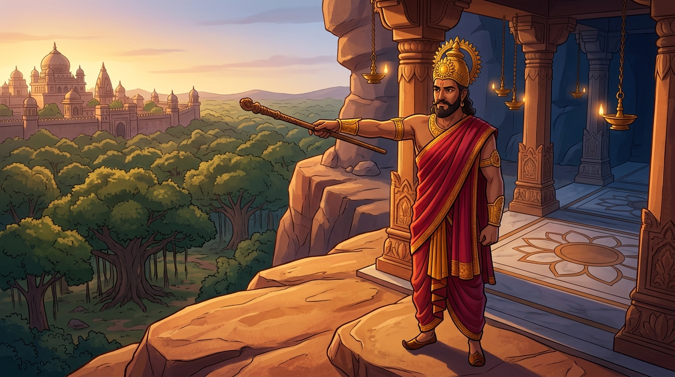 King Rajahamsa standing on a rocky overlook pointing his staff toward the four corners of Bharat