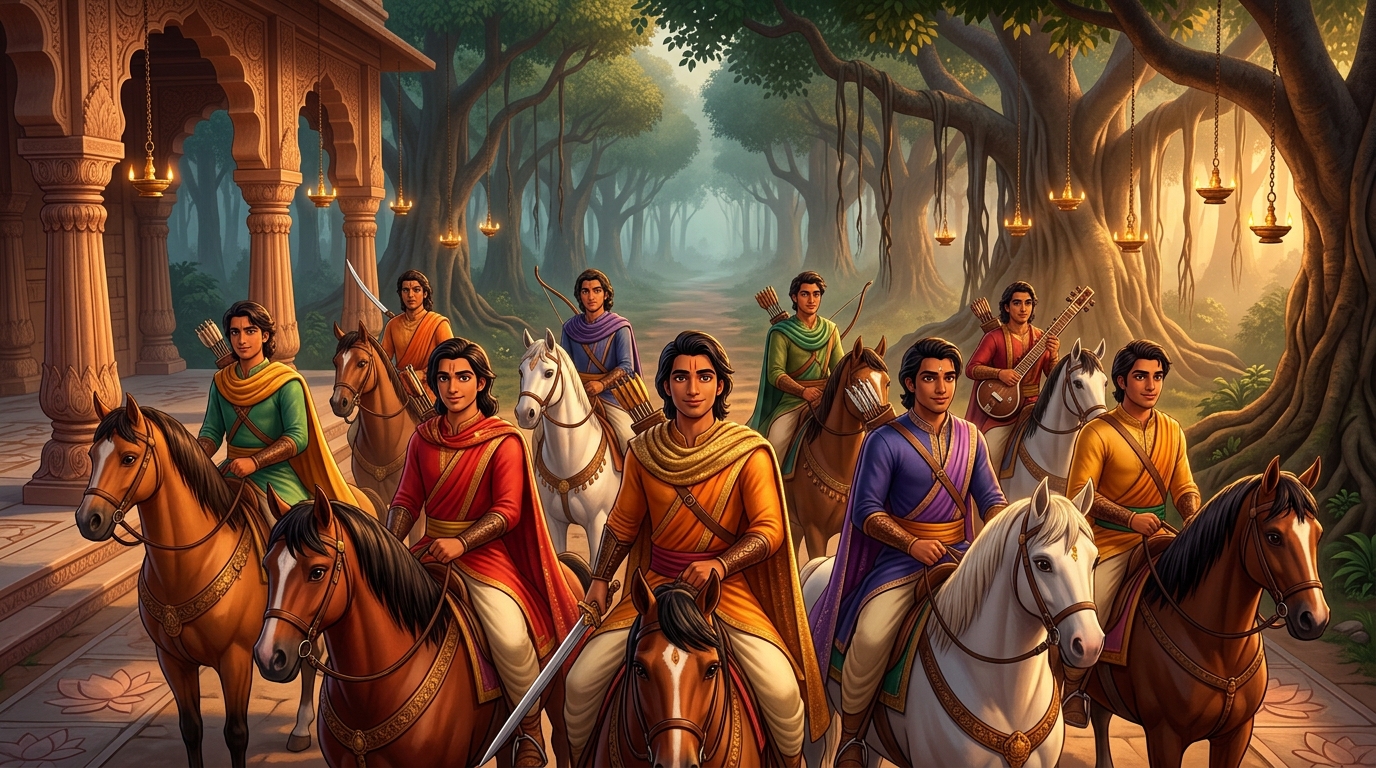 The ten princes mounted on magnificent war steeds at the forest edge ready to venture into the world