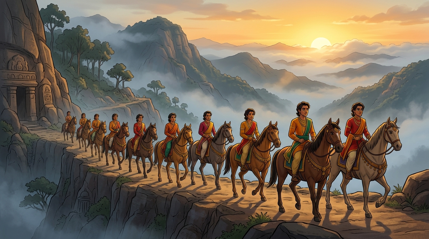 Cinematic wide closing shot of the ten princes riding side by side along the misty mountain trail into the golden sunrise