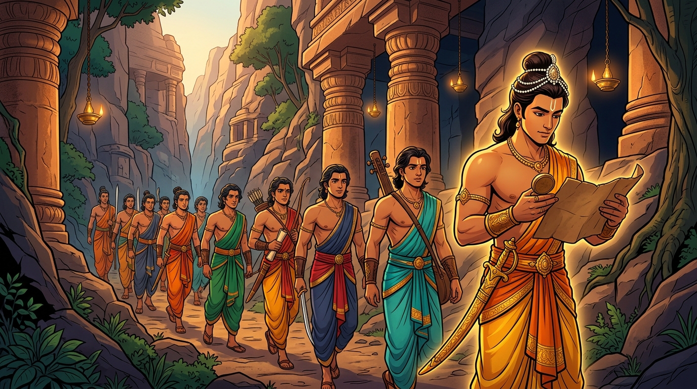 Prince Rajavahana leading the column of princes through a rocky mountain ravine checking compass and trail map