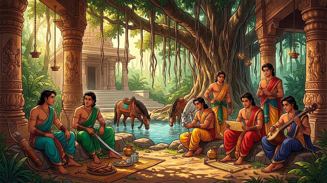 The princes resting at midday beside a cool forest spring watering steeds and sharing wild fruits