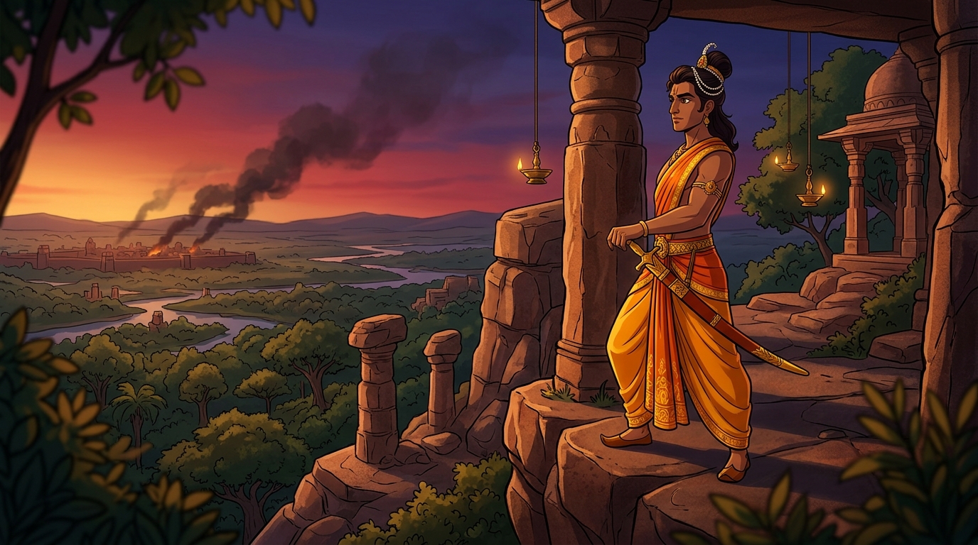 Prince Rajavahana approaching the edge of the rocky ridge alone to scout the source of smoke