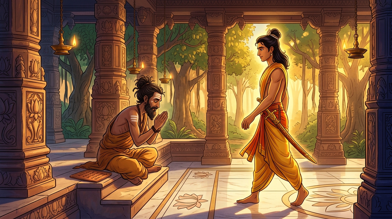 Matanga noticing the noble prince approaching and rising to bow with deep reverence
