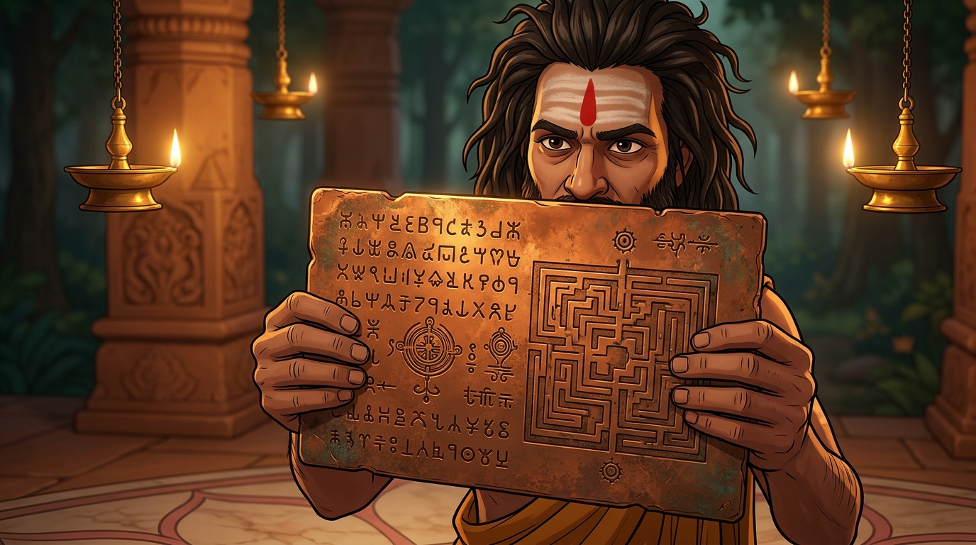 Macro close-up of Matanga holding out a weathered antique copper plate engraved with ancient Brahmi glyphs