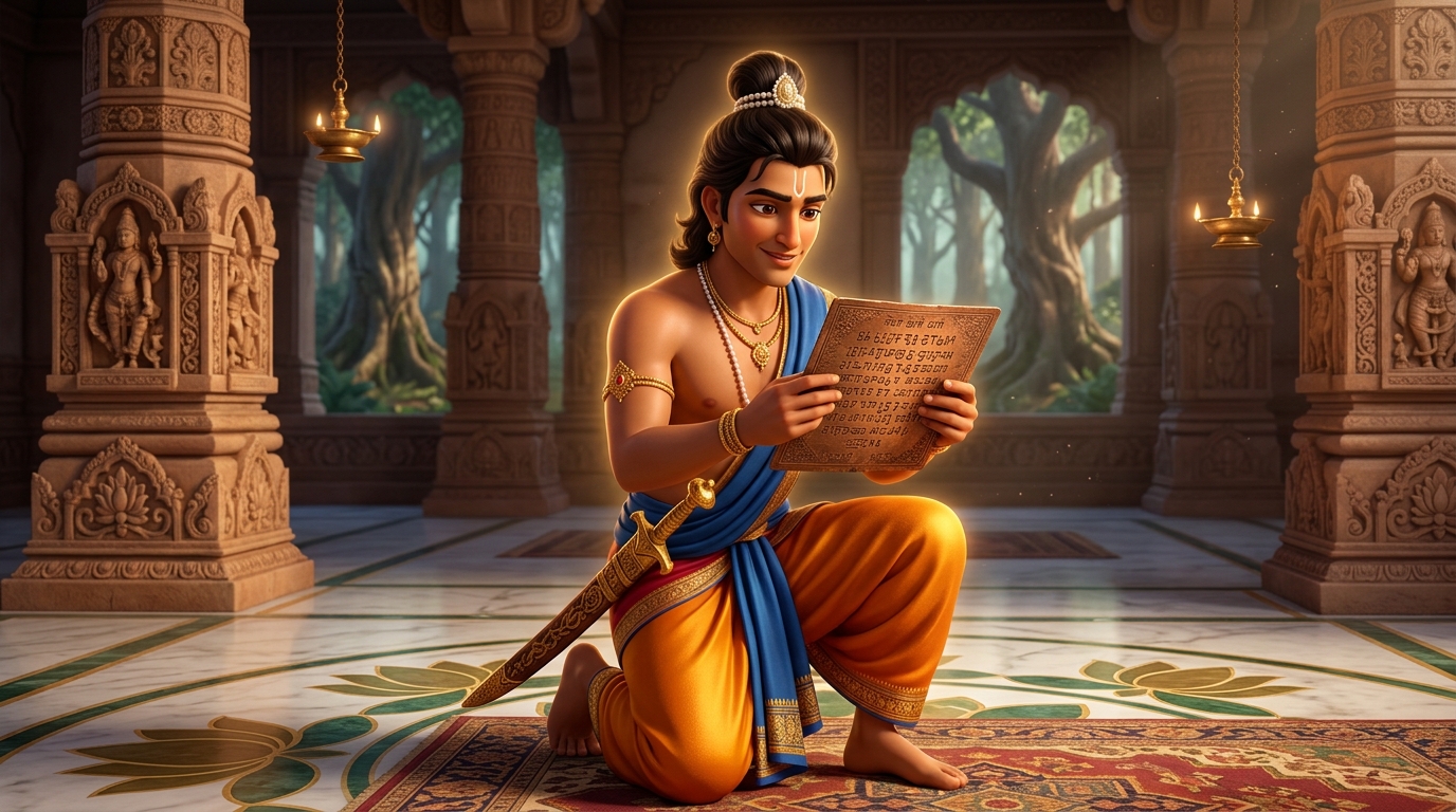 Prince Rajavahana examining the copper plate with keen analytical interest and brave resolve