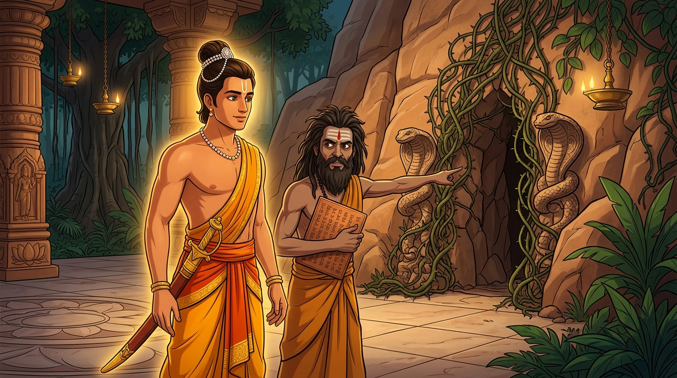Matanga guiding Rajavahana to a concealed fissure in the mountain cliff overgrown with thorny vines