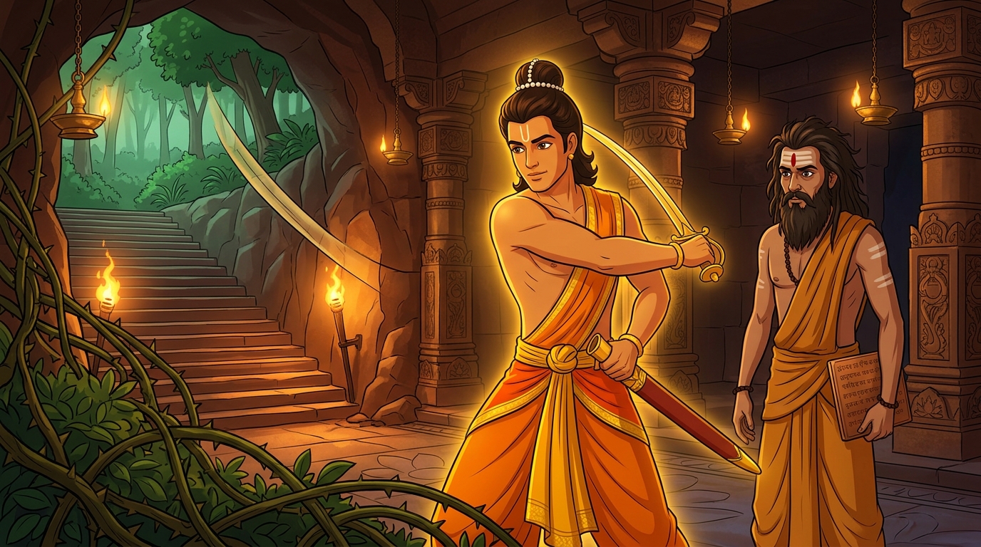 Rajavahana clearing thorny vines with a single swing of his sword revealing the subterranean stone stairway
