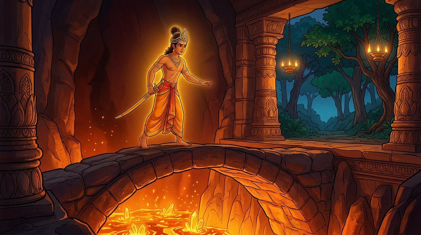 Crossing a narrow natural stone arch over a boiling subterranean chasm of molten amber crystals
