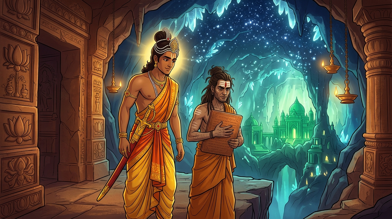 Emerging into the vast breathtaking subterranean cavern realm of Patala with glowing crystal skies and emerald palaces