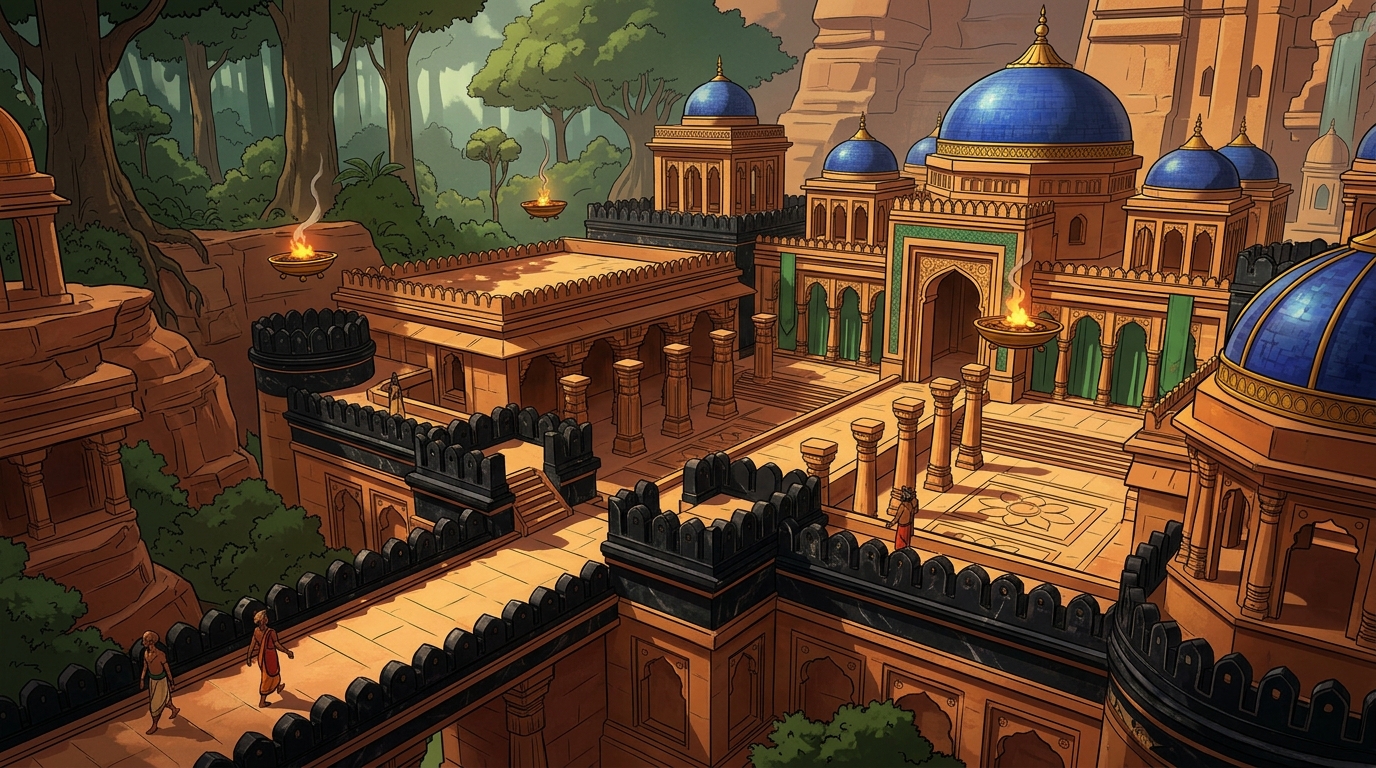 Wide shot of the majestic Asura city in Patala with black marble battlements and floating brass braziers