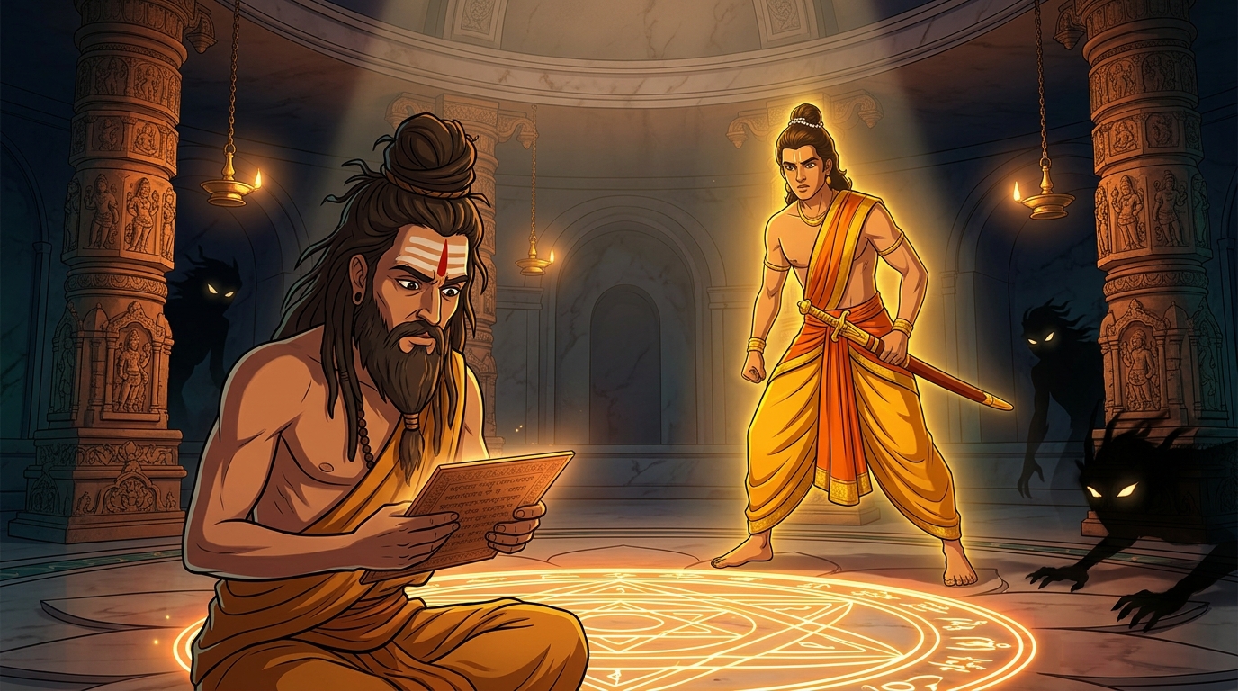 Matanga establishing a sacred sacrificial mandala while Rajavahana stands guard with drawn sword against shadow spirits