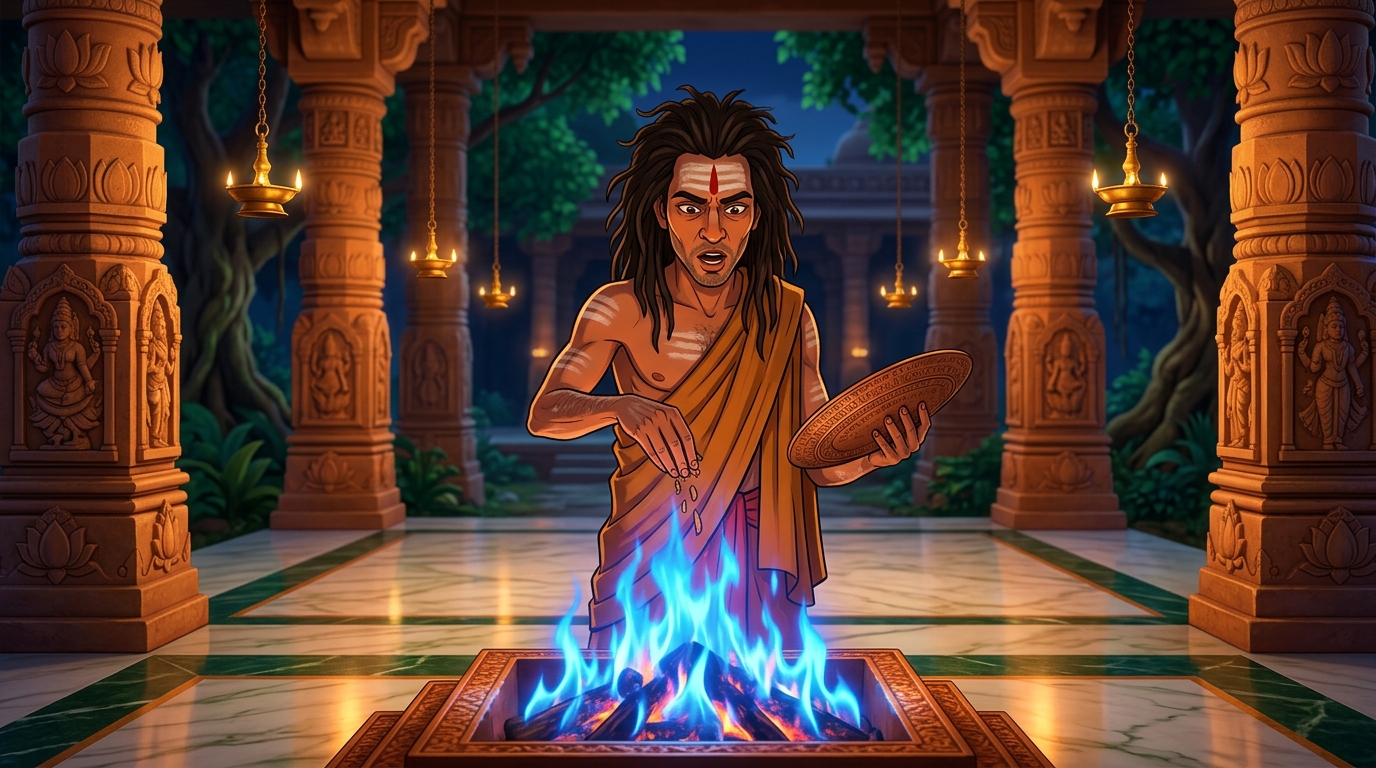 Matanga offering the final sacred oblations into the blazing blue sacrificial fire chanting incantations