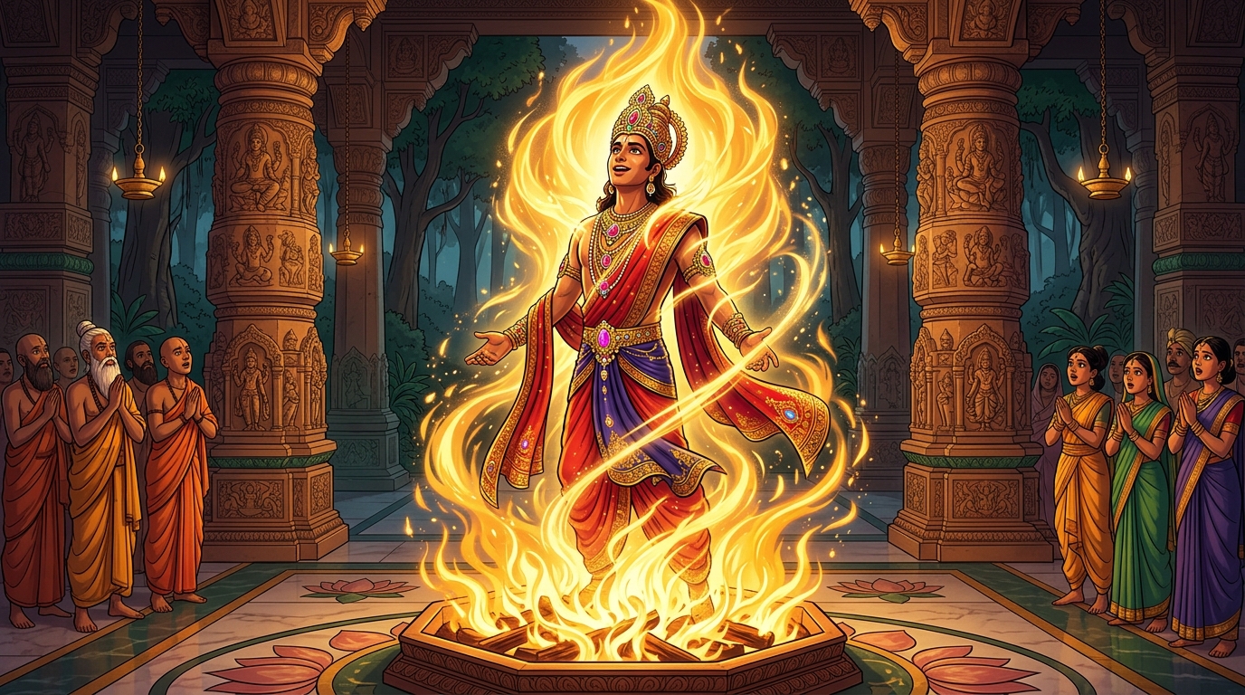Miraculous metamorphosis as the flames surge and Matanga transforms into a radiant celestial king in divine robes