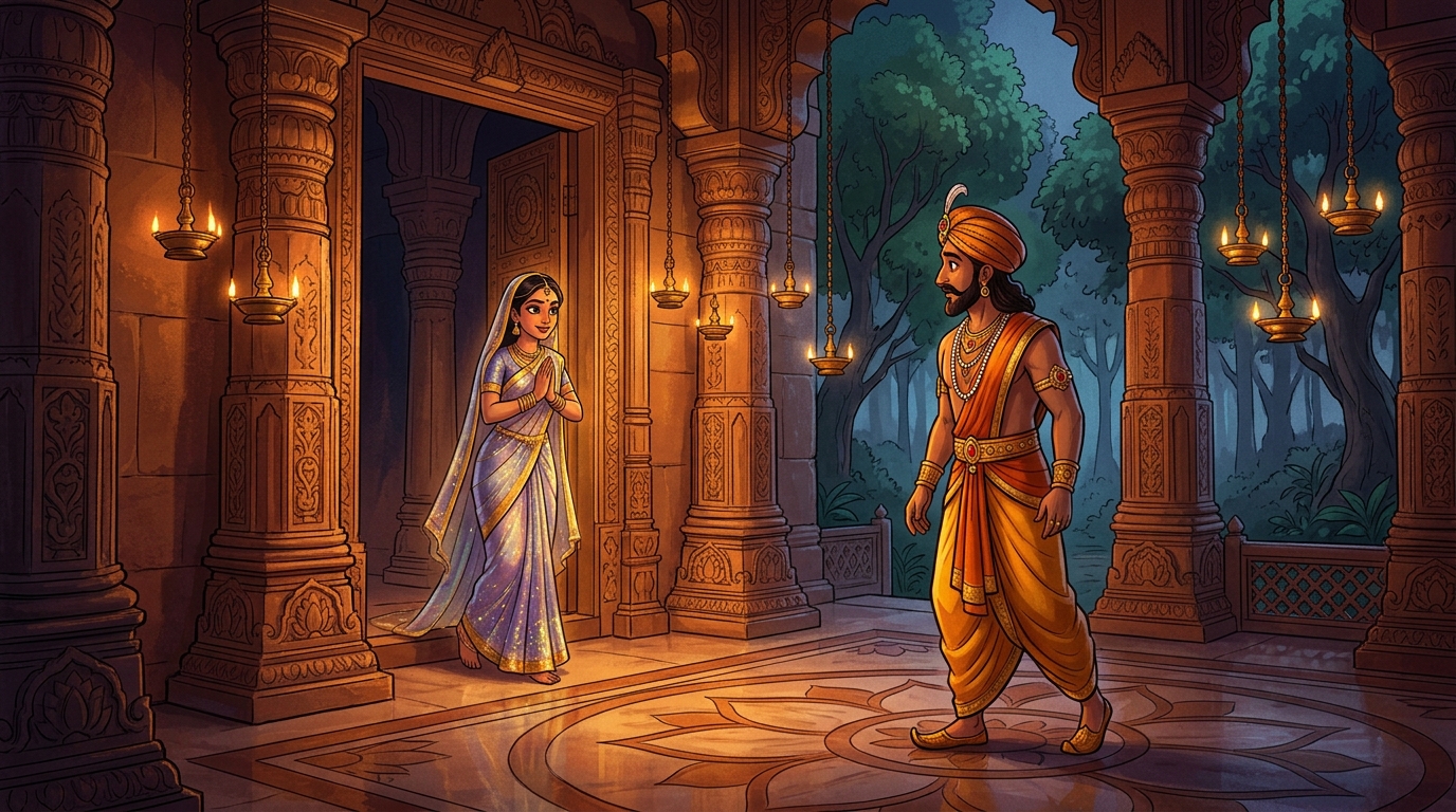 Princess Kalindi radiant maiden of Patala emerging with folded hands to welcome King Matanga