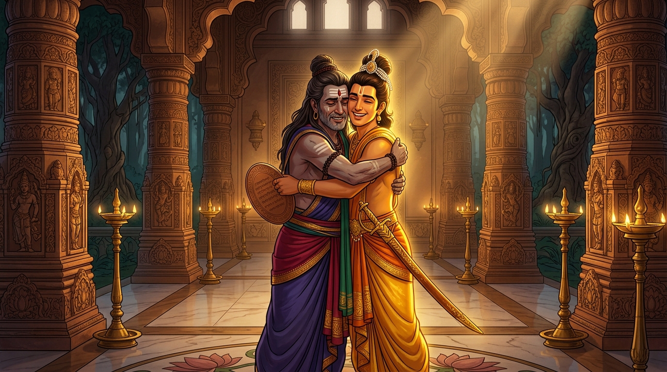 The transformed King Matanga embracing Prince Rajavahana with overwhelming gratitude