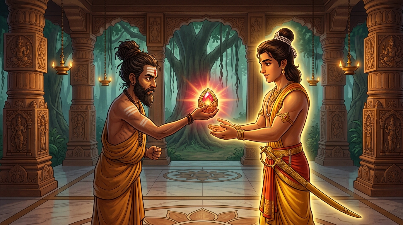 King Matanga presenting Rajavahana with the glowing crimson-and-gold Chintamani jewel