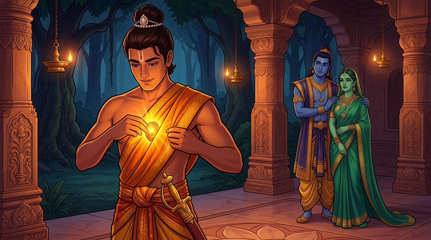 Close-up of Prince Rajavahana securing the glowing Chintamani jewel in his silk sash and bidding farewell