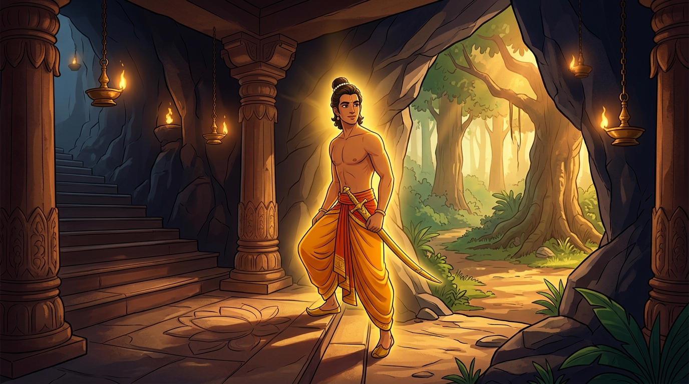 Rajavahana climbing back up the subterranean stone stairway stepping out into the sunlit Vindhya forest