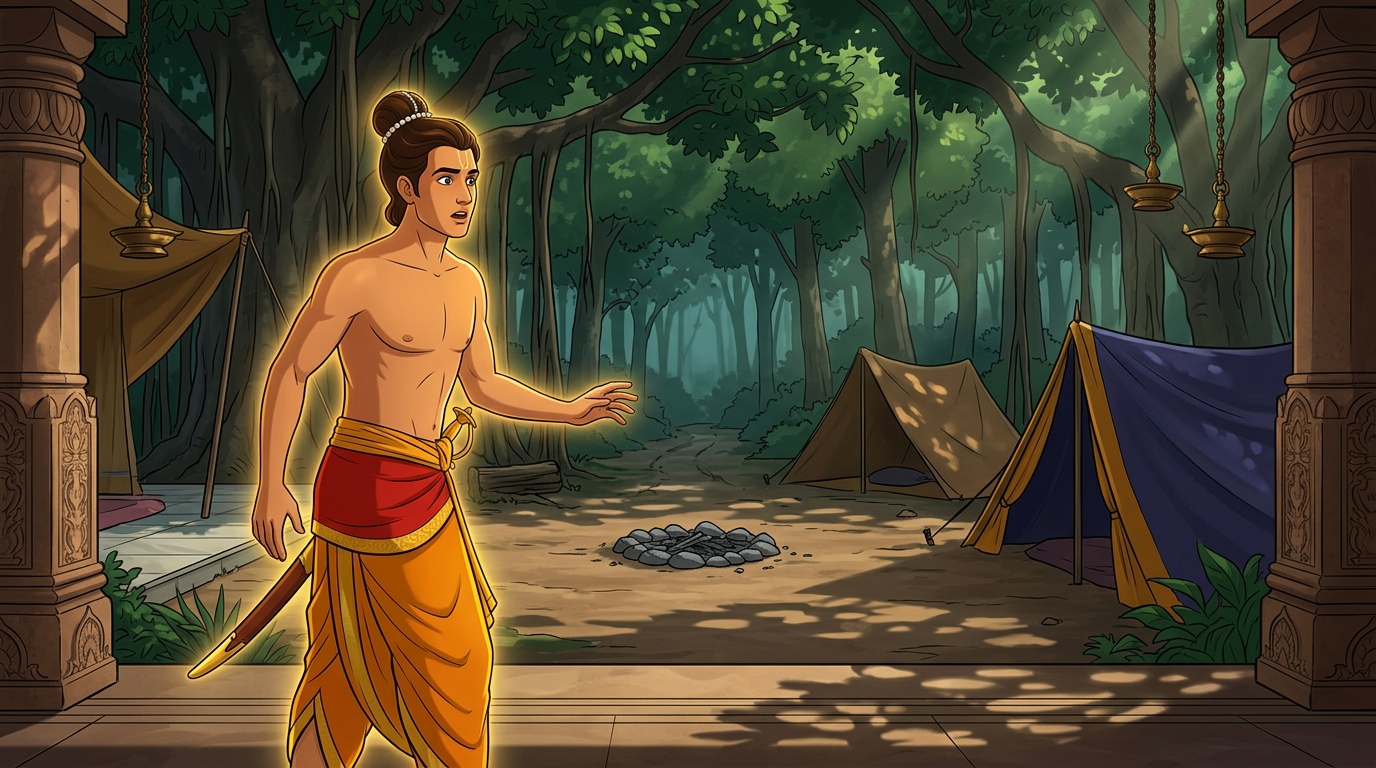Rajavahana arriving at the forest campsite freezing in shock seeing the camp completely deserted