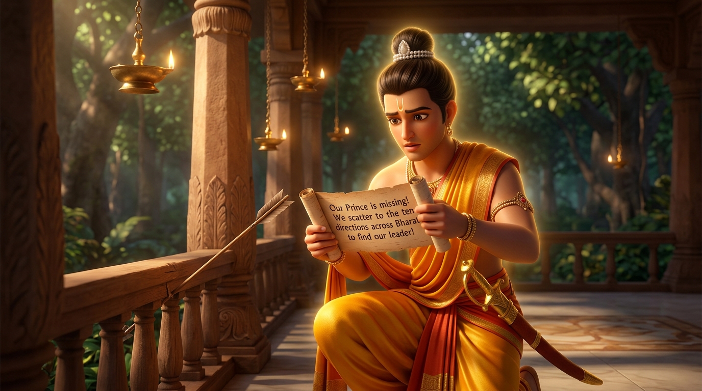 Close-up of Rajavahana finding a message carved on a birch-bark scroll tied to an arrow on a tree trunk