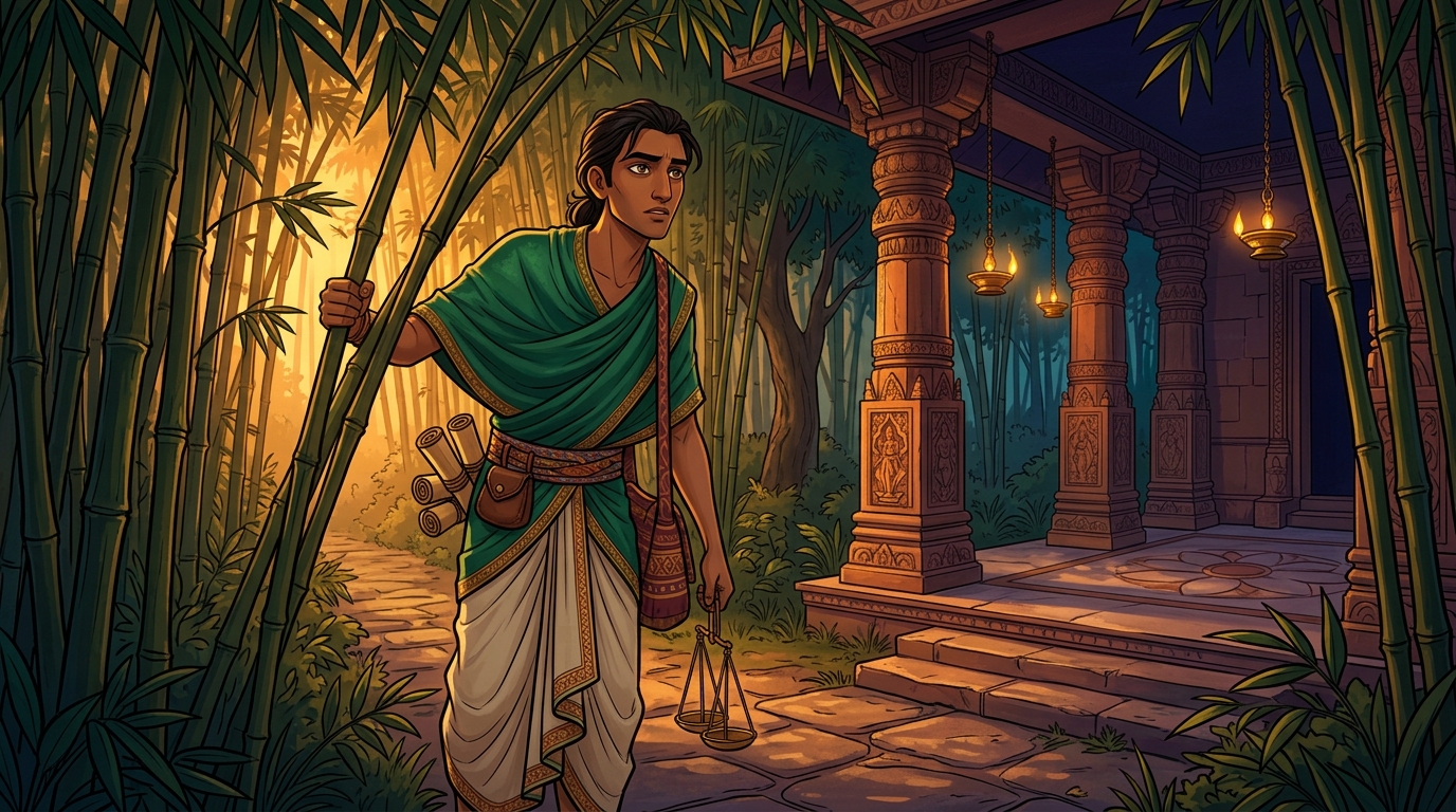 Prince Pushpodbhava emerging from the bamboo thicket carrying travel bags and merchant scales