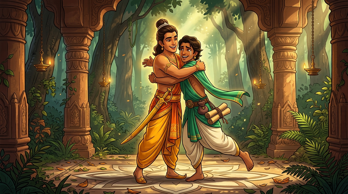 Joyous reunion where Pushpodbhava and Rajavahana rush forward embracing warmly with tears of relief