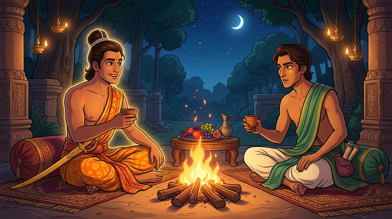 The two princes sitting beside a warm crackling campfire under the starry night sky sharing wine and fruits