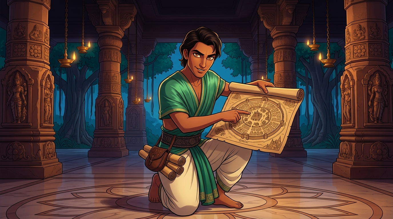 Prince Pushpodbhava unrolling a detailed city map of Ujjayini with sparkling analytical eyes